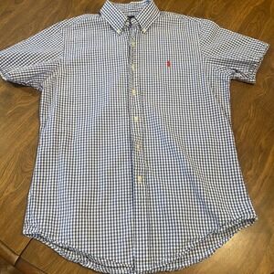 Ralph Lauren Mens Gingham Button Down Shirt Blue White Short Sleeve Medium M